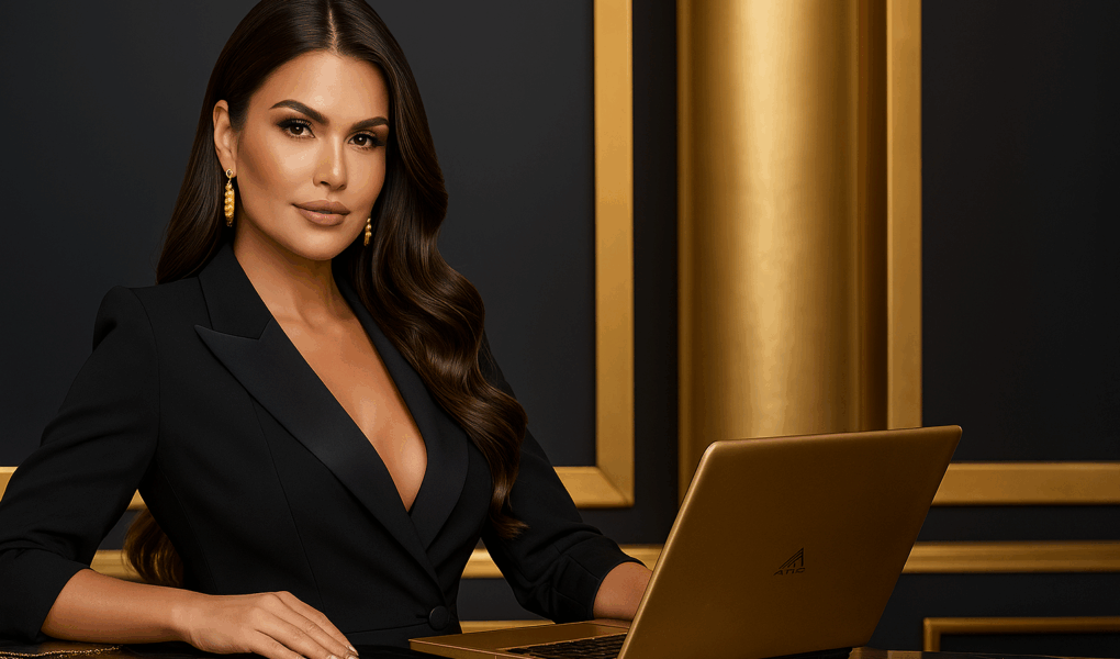 Elegância e Sofisticação em Preto e Ouro. mulher elegante trabalhando