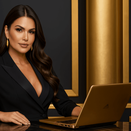 Elegância e Sofisticação em Preto e Ouro. mulher elegante trabalhando