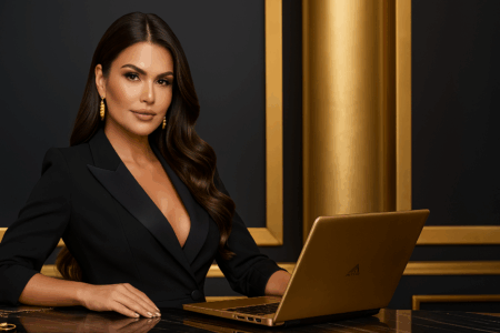 Elegância e Sofisticação em Preto e Ouro. mulher elegante trabalhando