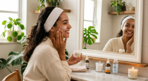 nulher usando cremes na sua rotina de skincare.